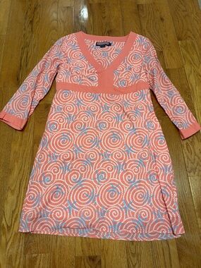 Vineyard Vines Coral, White & Light Blue Swirl Long Sleeve Dress